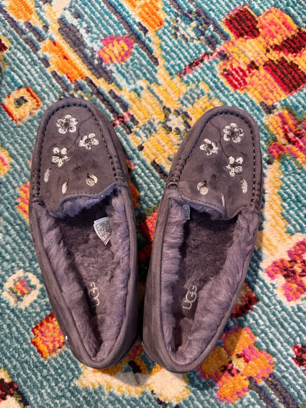 UGG Purple Ansley Blossom Slippers with Silver Floral Embroidery NWT